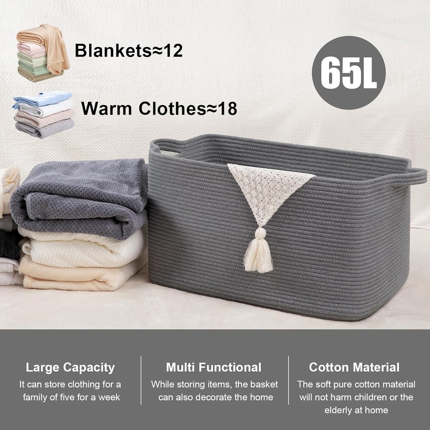 65L Large Storage Basket, Cotton Rope Woven Blanket Basket, Toy Storage for Baby Room, Living Room, Dark Grey