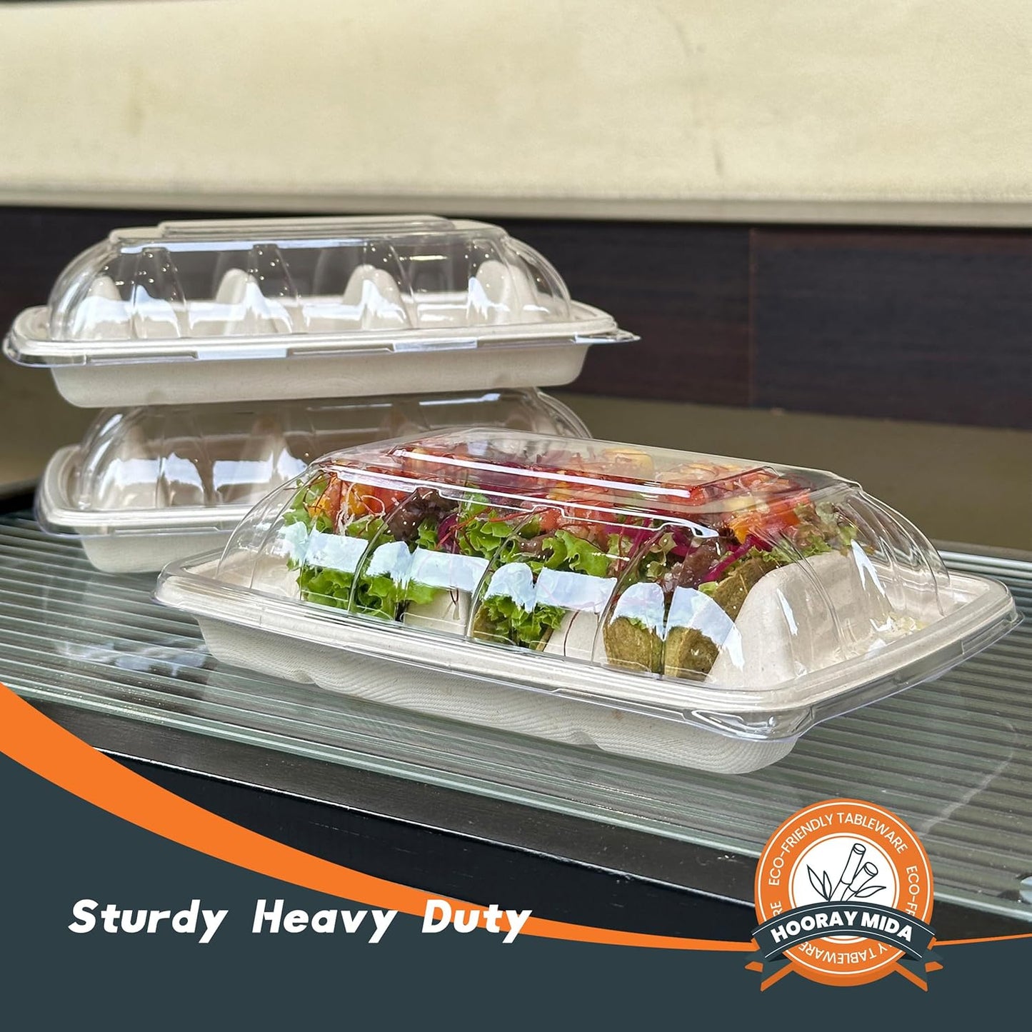 50-Pack 100% Compostable Biodegradable Paper Taco Holders, Eco-Friendly Disposable Paper Taco Tray for Taco Tuesday, Lazy Susan Taco Bar (50-Pack with lids)