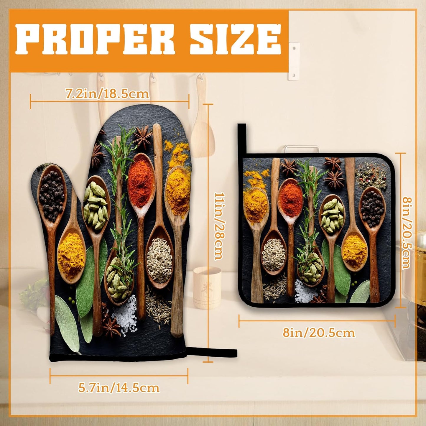 Cooking Herbs Spices Oven Mitts and Pot Holders Set,Kitchen Oven Gloves and Pot Holder with Heat Resistant Non Slip for Cooking Baking Grilling(4 Piece Set)