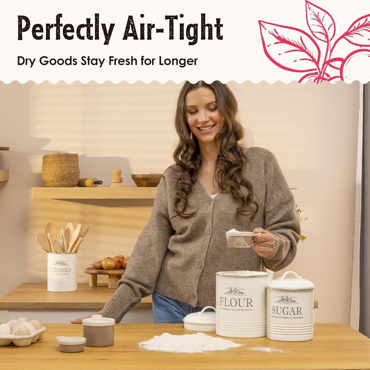 Canisters for Kitchen Counter, Set of 3 - Airtight Sugar and Flour Containers & Kitchen Utensil Holder, Rustic Farmhouse Canister Set for Kitchen Countertop