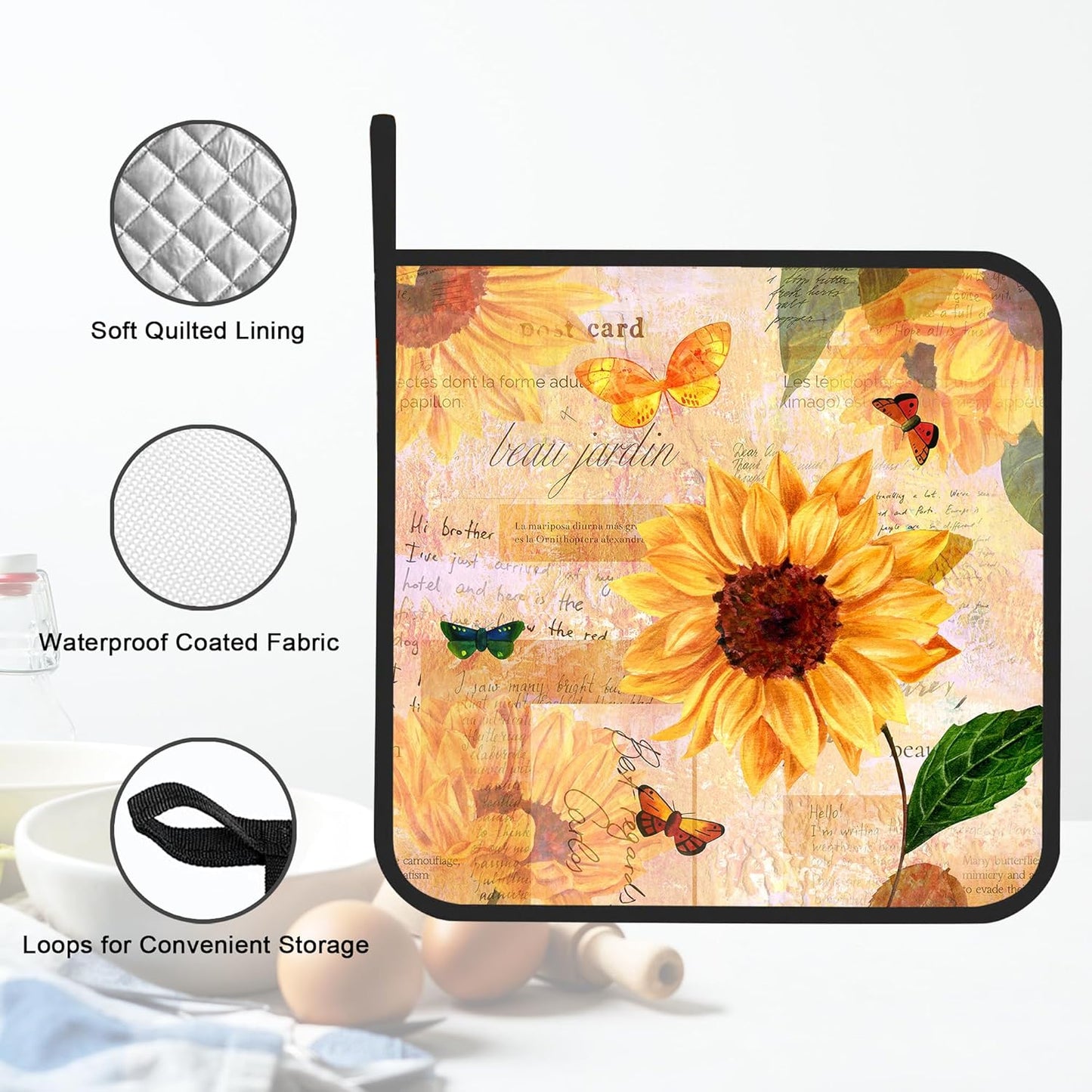 Pot Holder Set of 2,Vintage Sunflower Retro Kitchen Heat Resistant Potholder for BBQ Cooking Baking,Food Hot Pat for Women Men Kitchen Wear