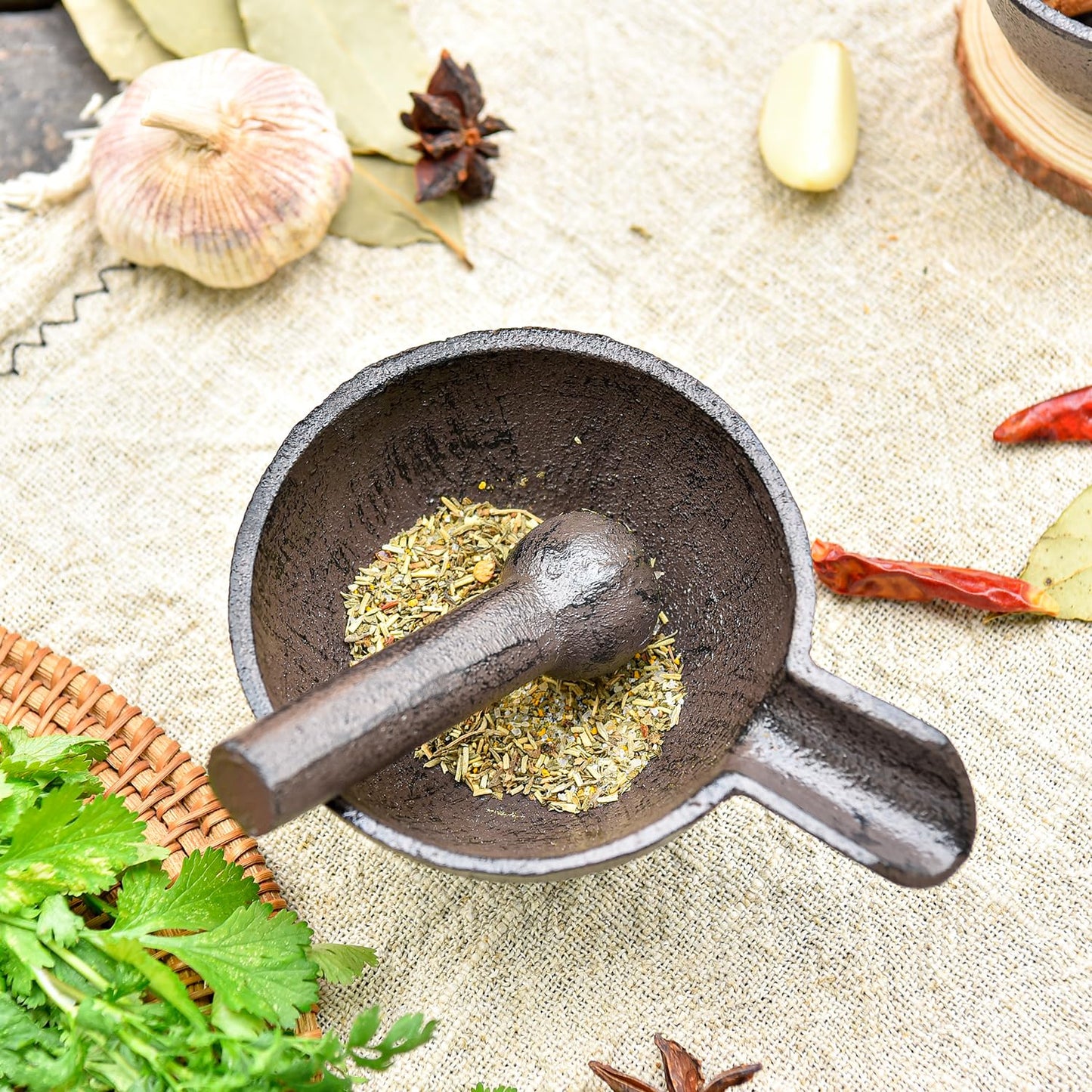 Sungmor Cast Iron Mortar and Pestle, Small Heavy Duty Black Spice Grinder Set, 3.9" Mortar with Pour Spout and 3.9" Long Pestle, Rustic Useful Kitchen Tools for Grinding Spices, Herbs, Nuts and Pesto