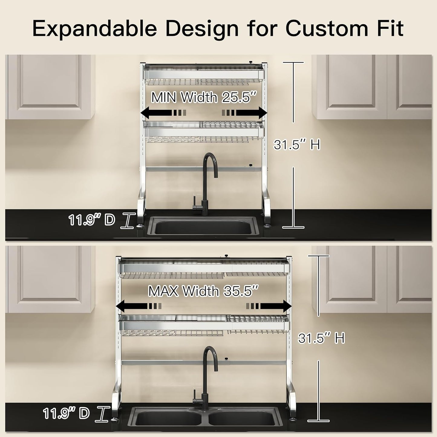 3 Tier Extra Large Stainless Steel Expandable Over The Sink Dish Drainer Drying Rack, Rust Proof Metal, Space Saving, Modern Silver Big Capacity Extendable Plate Strainers Above Kitchen Counter