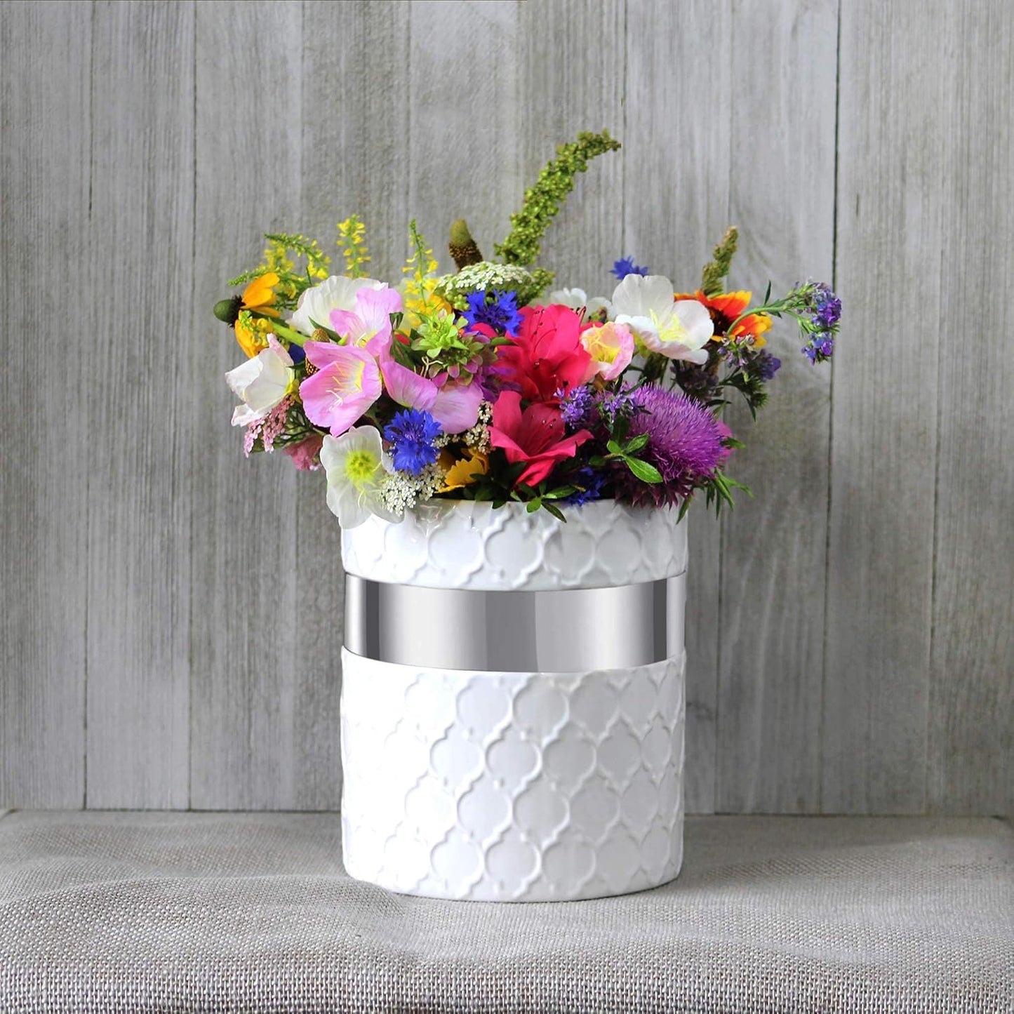 Home Acre Designs Kitchen Utensil Holder - Large Ceramic Farmhouse Countertop Crock, White/Silver