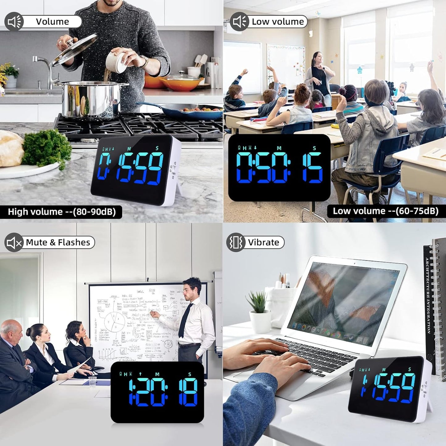 Kitchen Digital Timer, Count Down Up, Rechargeable, Vibration Mode Adjustable Volume and Brightness LED Display, Time Management Cook, Desk, Kids Adults Study Teaching, Kitchen Gadgets