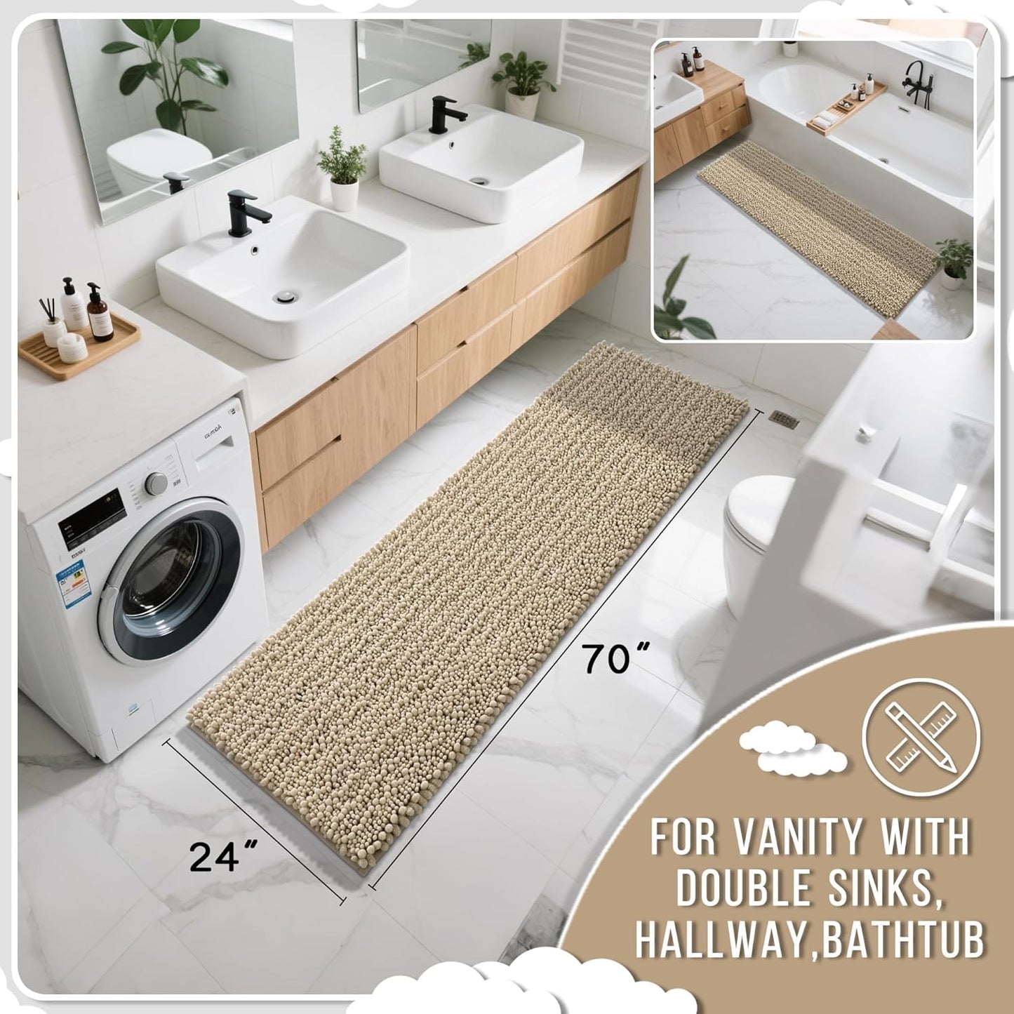 Yimobra Bathroom Runner Rug 70x24 Inch - Extra Long Non Slip Chenille Bath Mat, Soft & Absorbent, Machine Washable Shaggy Hallway Carpet for Vanity Tub Shower, Pale Khaki Home Decor Accessories