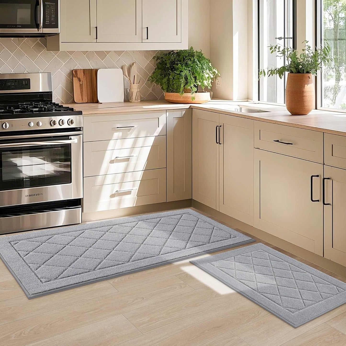 JSEI Non-Slip Kitchen Rugs, Self Adhesive No Sliding Kitchen Mats Set of 2, Soft Washable Absorbent Floor Mat for Kitchen, Bathroom, Laundry Room, Bedroom, 20”x32”+20”x48”, Light Grey, Diamond Pattern