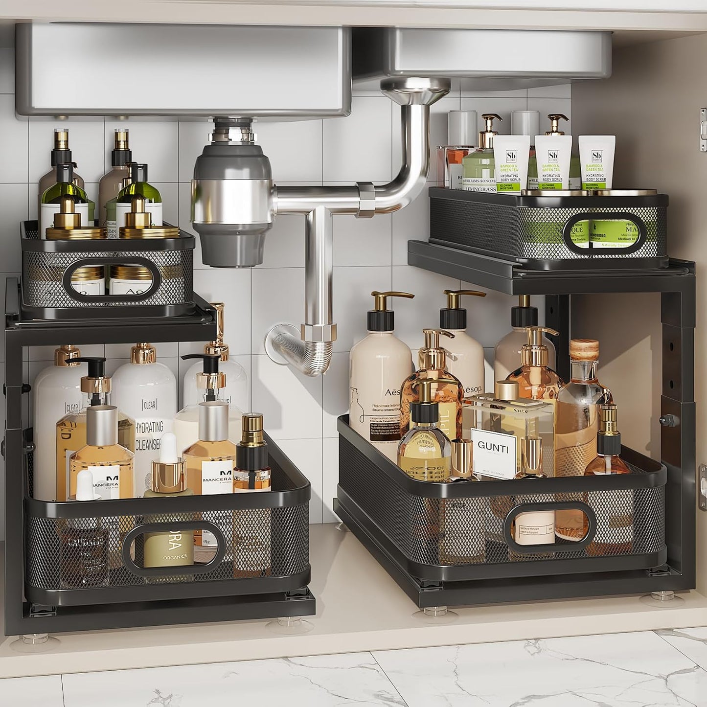 2 Pack Under Sink Organizer With Next-Gen Ball-Bearing Slides,2-Tier Precision Mesh Pull Out Cabinet Shelf Storage for Bathroom&Kitchen,Slide Out Drawers Height Adjustable,Rust-resistant