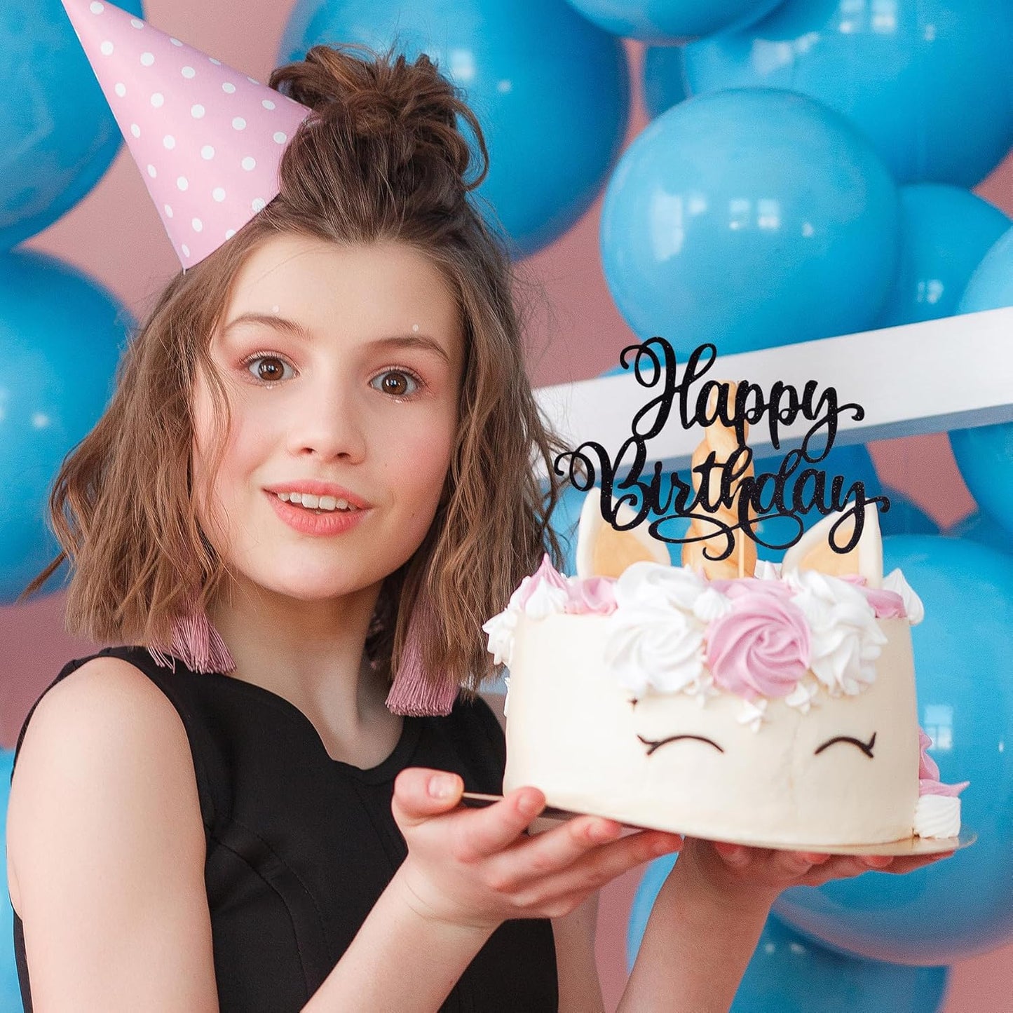 Happy Birthday Cake Toppers 9 Inch Glitter Happy Birthday Cake Pick for Birthday Anniversary Theme Party Cake Decorations Supplies - Black