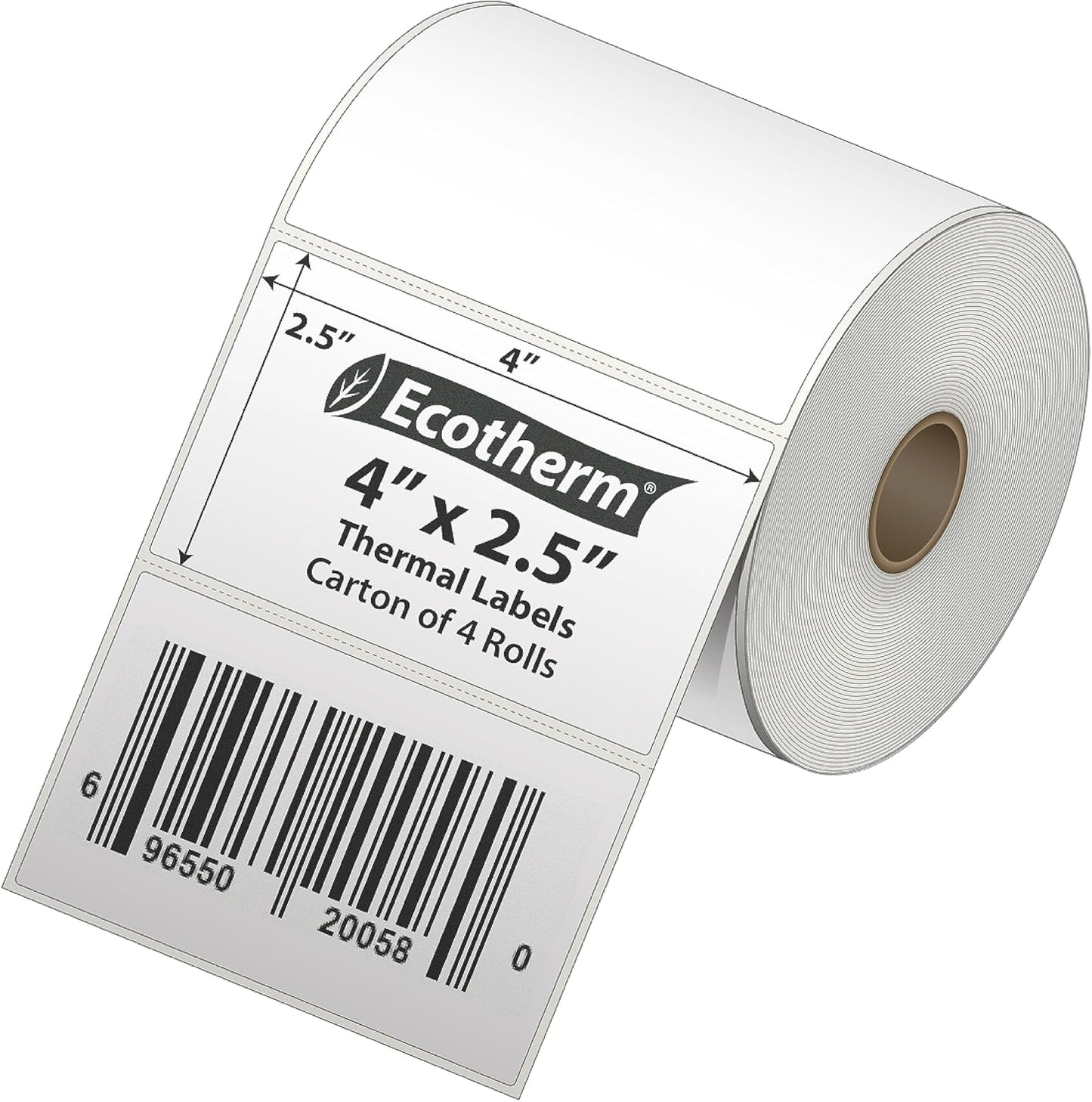 4" x 2.5" Thermal Labels | 4 Rolls | 2400 Labels | fits Zebra, Munbyn, Rollo, Godex, Arkscan, iDPRT, Offnova Thermal Label Printers and More | Blank White Adhesive Stickers by Ecotherm