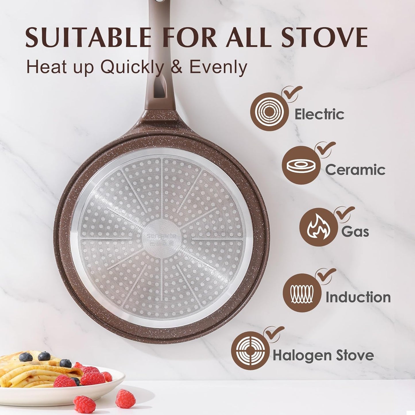 SENSARTE Nonstick Crepe Pan, Swiss Granite Coating Dosa Pan Pancake Flat Skillet Tawa Griddle 12-Inch with Stay-Cool Handle, Induction Compatible (Toffee Brown)