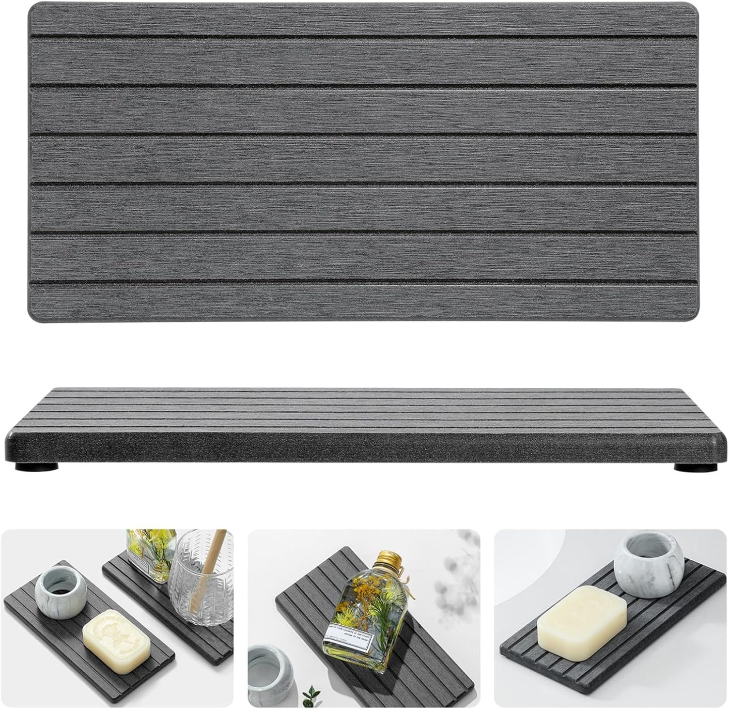 2PCS Diatomite Quick Stone Drying Tray Mat For Bathroom & Kitchen Counter, Instant Dry Water Absorbent Drink Bar Coaster,Vanity Sink Caddy Organizer,Dish Soap Sponge Holder, Dark Gray,8"x3.8"