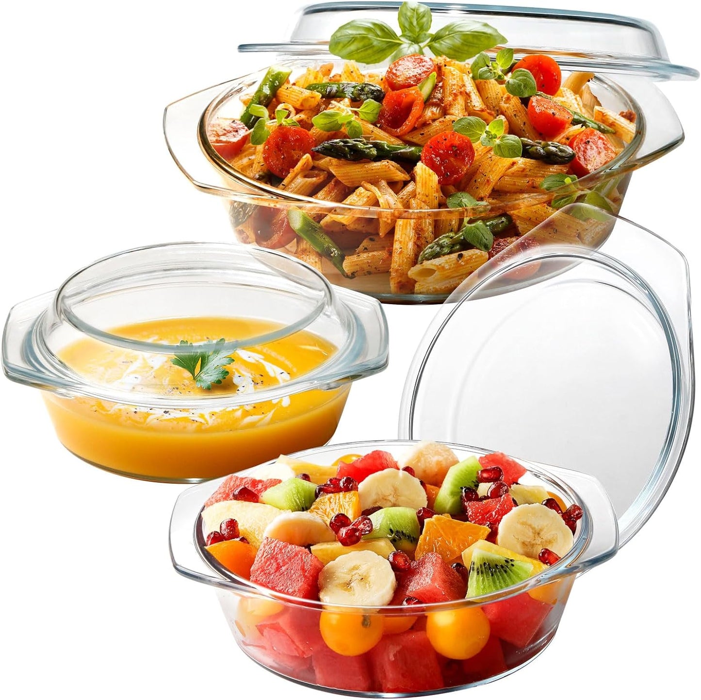 ZYER Round Glass Casserole Dish Set, Glass Casseroles with Lid (Set of 3-1L, 1.4L, 1.7L)
