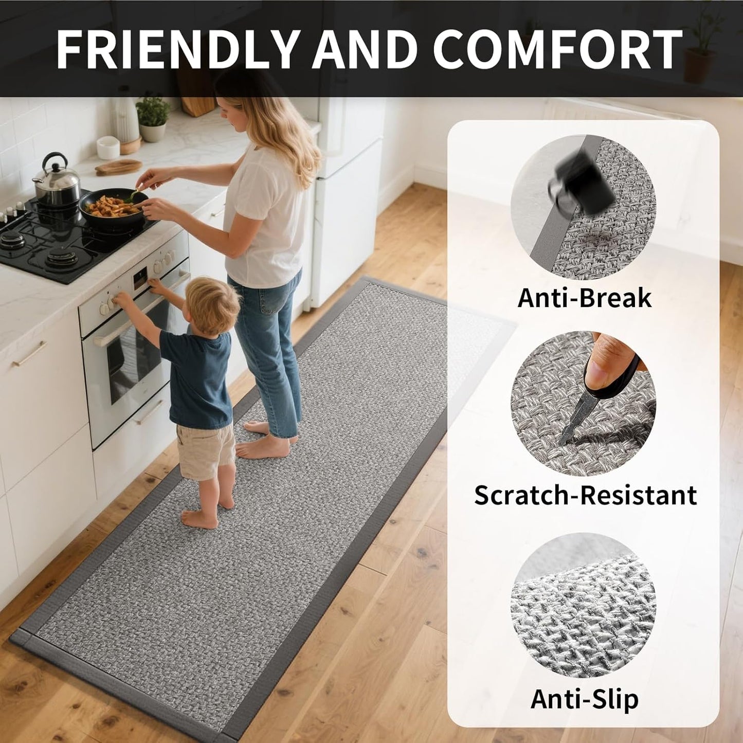 Kitchen Runner Rugs Non Slip Washable, Super Absorbent Kitchen Mats for Floor, Rubber Backing Jute-Like Braid Long Sink Mat Standing Floor Mat, Machine Washable, Gray 17"x59"