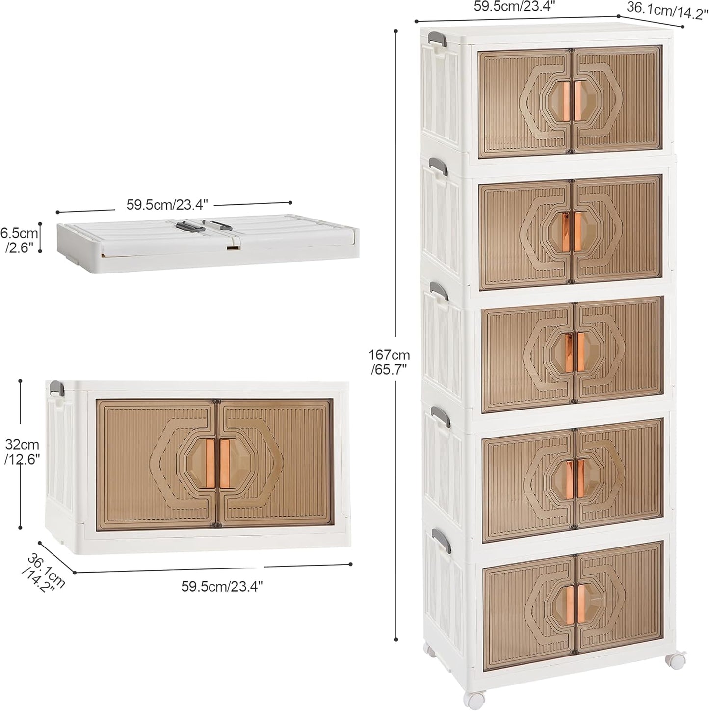 VECELO 19 Gal Stackable Storage Bins with Lid, 5 Pack Plastic Collapsible Storage Cabinet, Foldable Folding Box Organizer/Storage Container Cart with Wheel and Double Door for Home Office, White