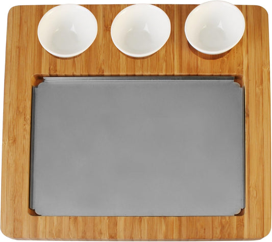 Artestia Bamboo Platter Replacement for AR-88023, 1 Stainless Steel Tray + 3 Ceramic Cups + 1 Bamboo Serving Tray, No Stones Included