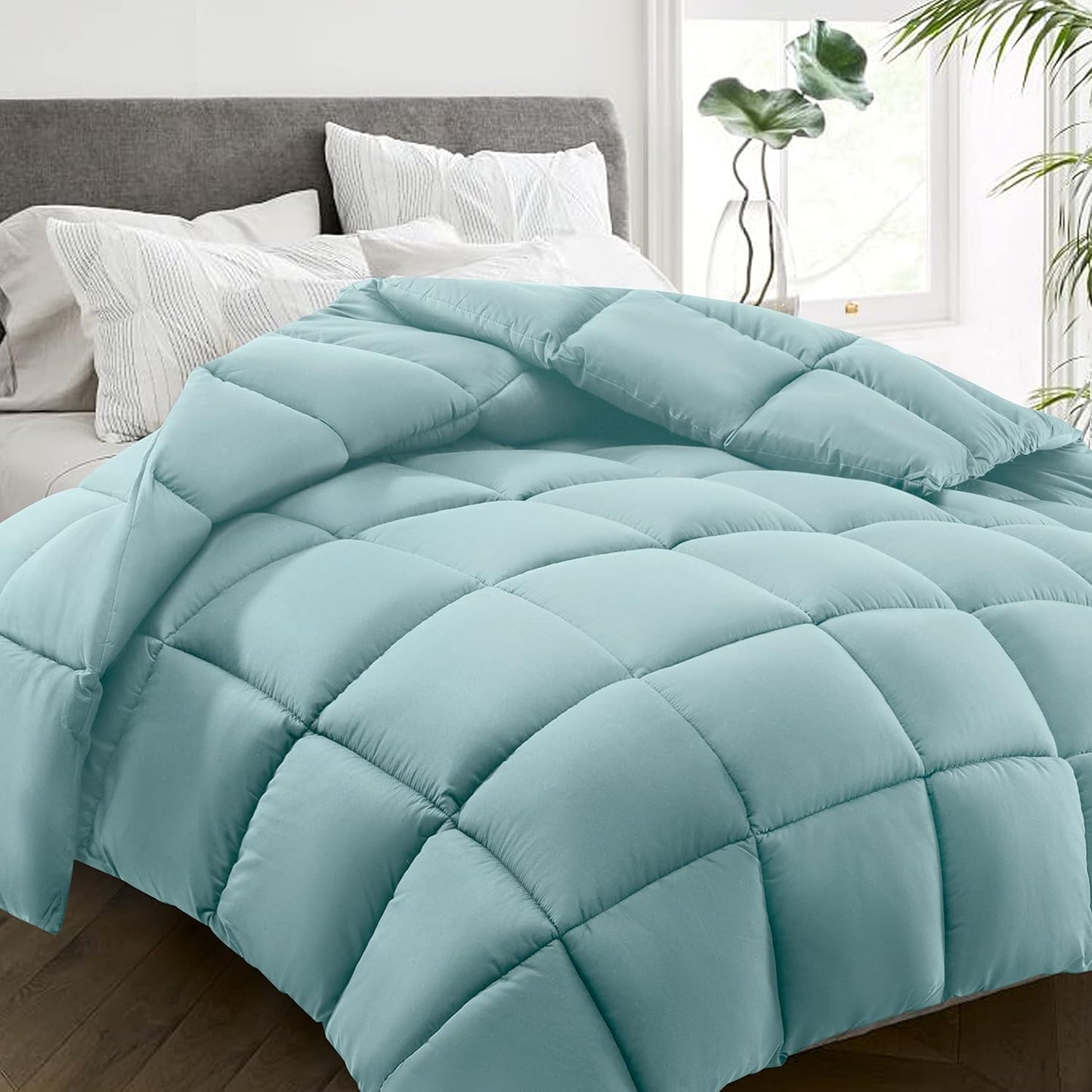 HYLEORY All Season California King Size Bed Comforter - Cooling Down Alternative Quilted Duvet Insert with Corner Tabs - Winter Warm - Machine Washable - Turquoise,Cal King(96*104)