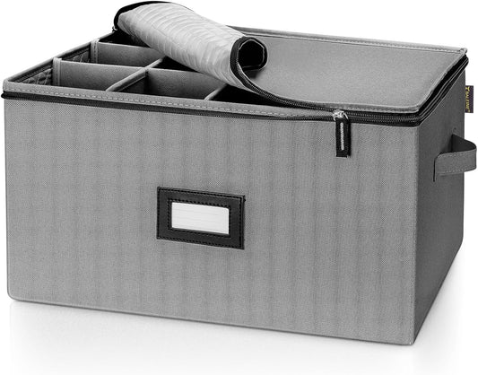 BALEINE China Storage Containers, Sturdy Quilted Wine Glass Storage, Plate Organizer with Carry Handles, Moving Boxes for Dishes, Cups, Mugs and Stemware (Wine Glass, Hard Shell Grey)