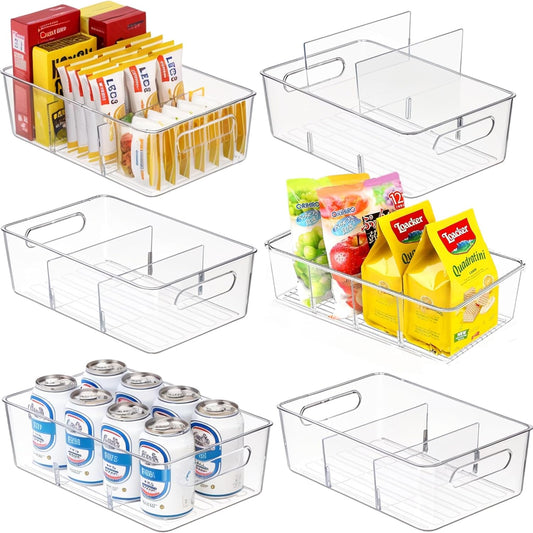 6 Pcs Clear Pantry Organizers and Storage,Plastic Storage Bins for Fridge with Removable Dividers, Kitchen Cabinet Organizers Ideal for Kitchen, Pantry, Refrigerator, Freezer, and Snack Storage