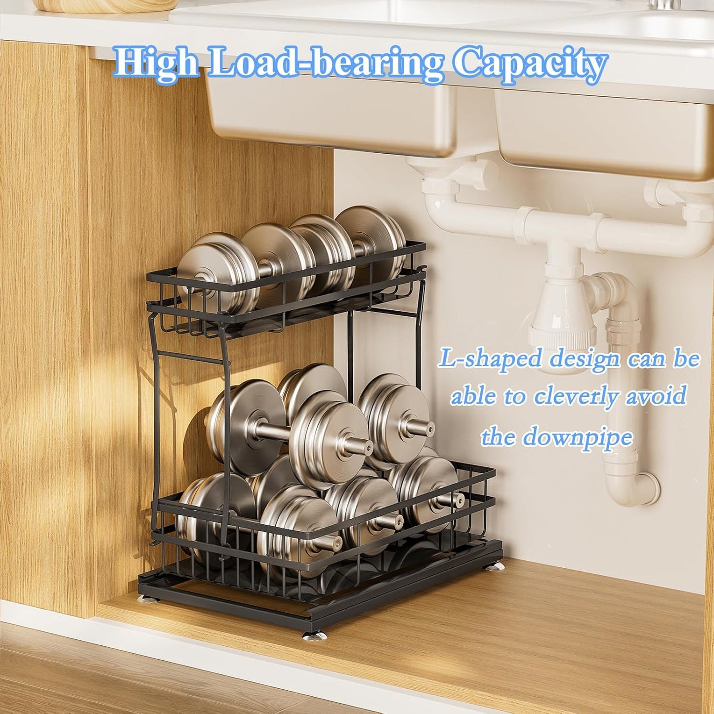 2 Pack Under Sink Organizers and Storage, 2 Tier Pull Out Cabinet Organizer, Metal Sliding Drawer Storage for Kitchen Bathroom，Black