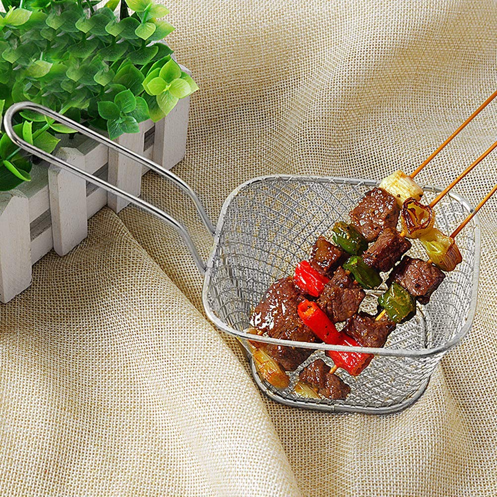 2 Pcs Mini Square Fry Baskets, 4.13×3.3×2.5inch Stainless Steel Fry Basket with Handle Steel French Fry Chip Basket French Fries Desk Food Presentation Mesh Basket Kitchen Cooking Tool
