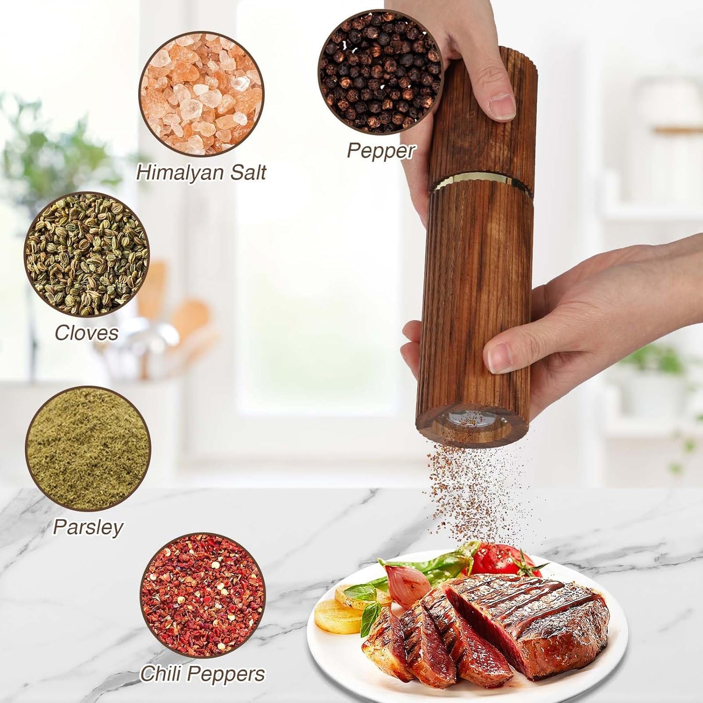 Wooden Pepper Grinder Pepper Mill,Adjustable Coarseness Salt Pepper Grinder Shaker Pepper Grinder Refillable,Acacia Wood Salt Grinder for Your Kitchen