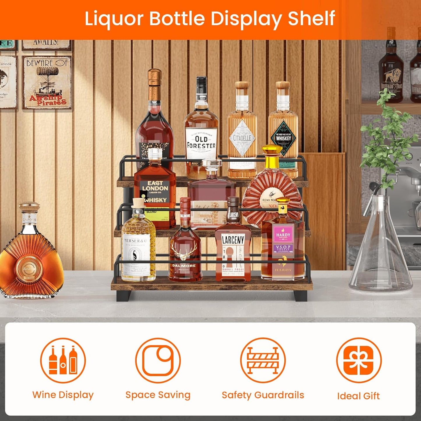 Homode Liquor Bottle Display Shelf, Coffee Syrup Rack Organizer, 3 Tier Wine Rack Countertop, Home Retro Bar Shelf Stand Holder for Liquor Whiskey Spirits, Mini Bar, Liquor Cabinet, Rustic Brown