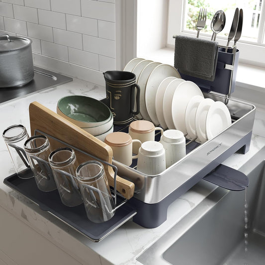 SONGMICS Large Dish Drying Rack, Premium Stainless Steel Dish Rack with Rotatable Spout, Fingerprint-Resistant Dish Drainers for Kitchen Counter, 12.5 x 22.5 in, Silver and Gray UKCS030E01