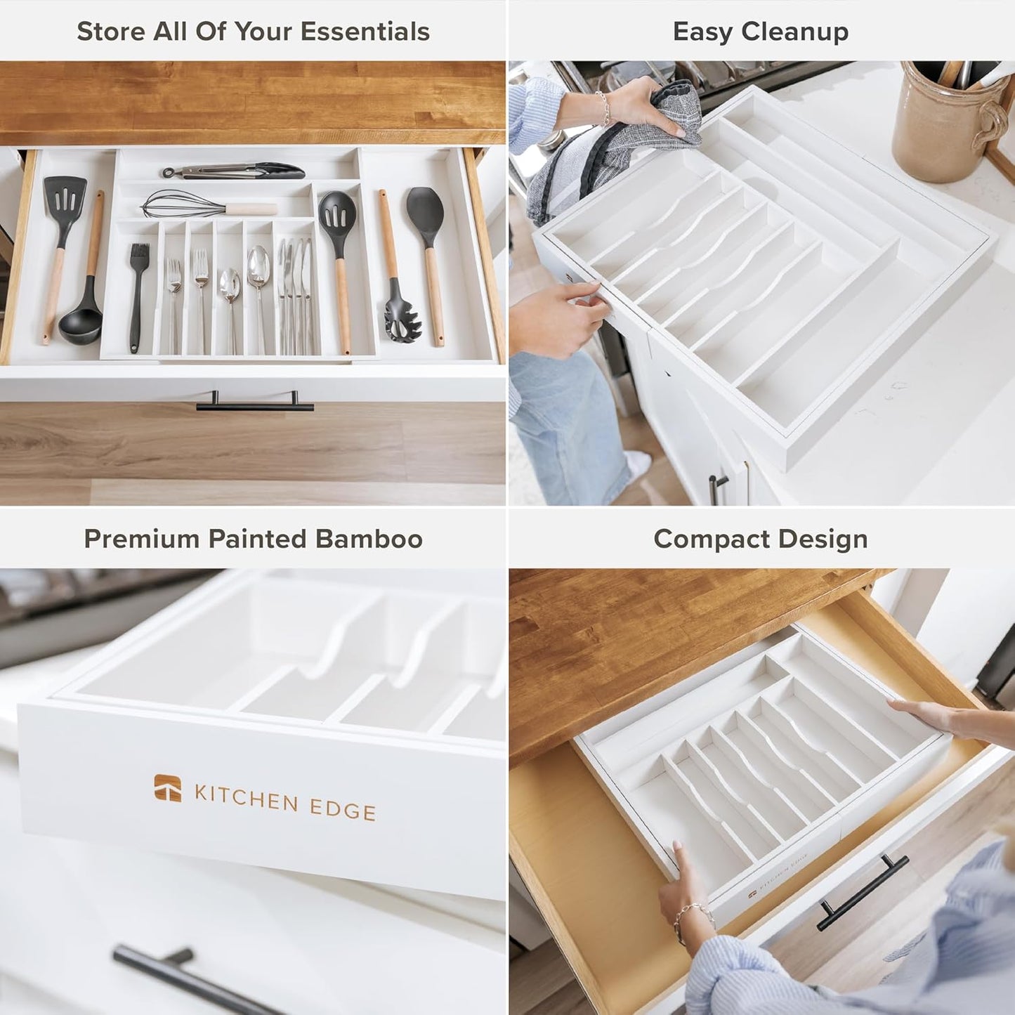 KitchenEdge Premium Silverware, Flatware and Utensil Organizer for Kitchen Drawers, Food-Safe Contract Grade, Expandable from 18 to 33 In, White Bamboo
