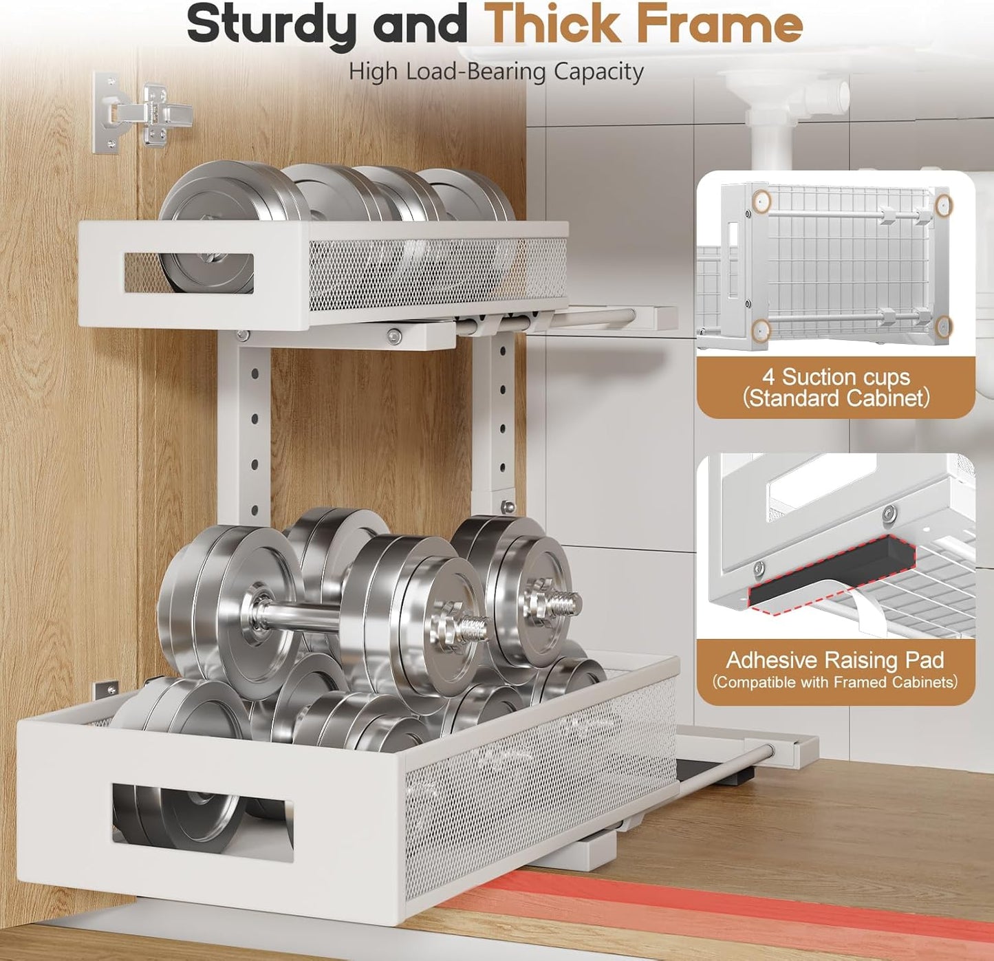 2-Pack Under Sink Storage Organizer, Large 2-Tier Elegant Mesh Pull Out Shelf for Kitchen and Bathroom Cabinet Organization, L-Shaped and Adjustable Height Design for Maximum Space Efficiency-White