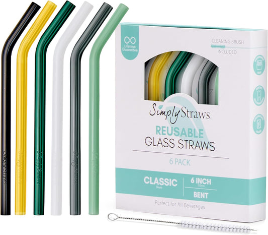 Simply Straws 6 Inch Glass Straws Bent (6-Pack) – Reusable Glass Straws for Low Balls & Stemless Glasses, with Cleaning Brush – Dishwasher Safe, Hot & Cold Use, BPA-Free (Fjord Mist)