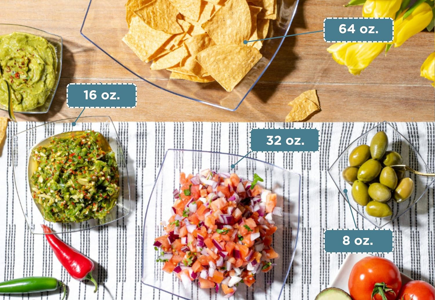 Posh Setting - Clear Plastic Serving Bowls for Party (32oz - 4 Pack) Square, Disposable, Salad & Fruit Bowls for Party Table, Candy Containers for Candy Buffet