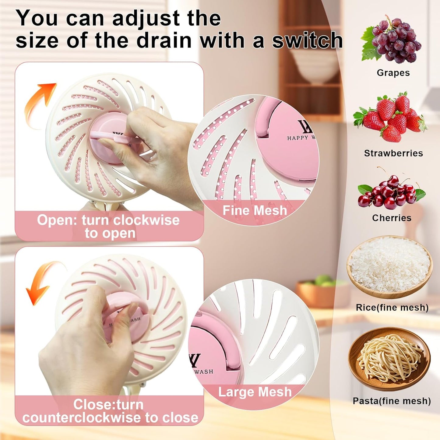 Fruit Washing Bowl with Strainer, Fruit Strainer container with Lid, Portable Fruit Colander with Collapsible Handle, 3 in 1 Fruit Fridge Container Salad Stir Fruit Cleaning Drainer for Kitchen