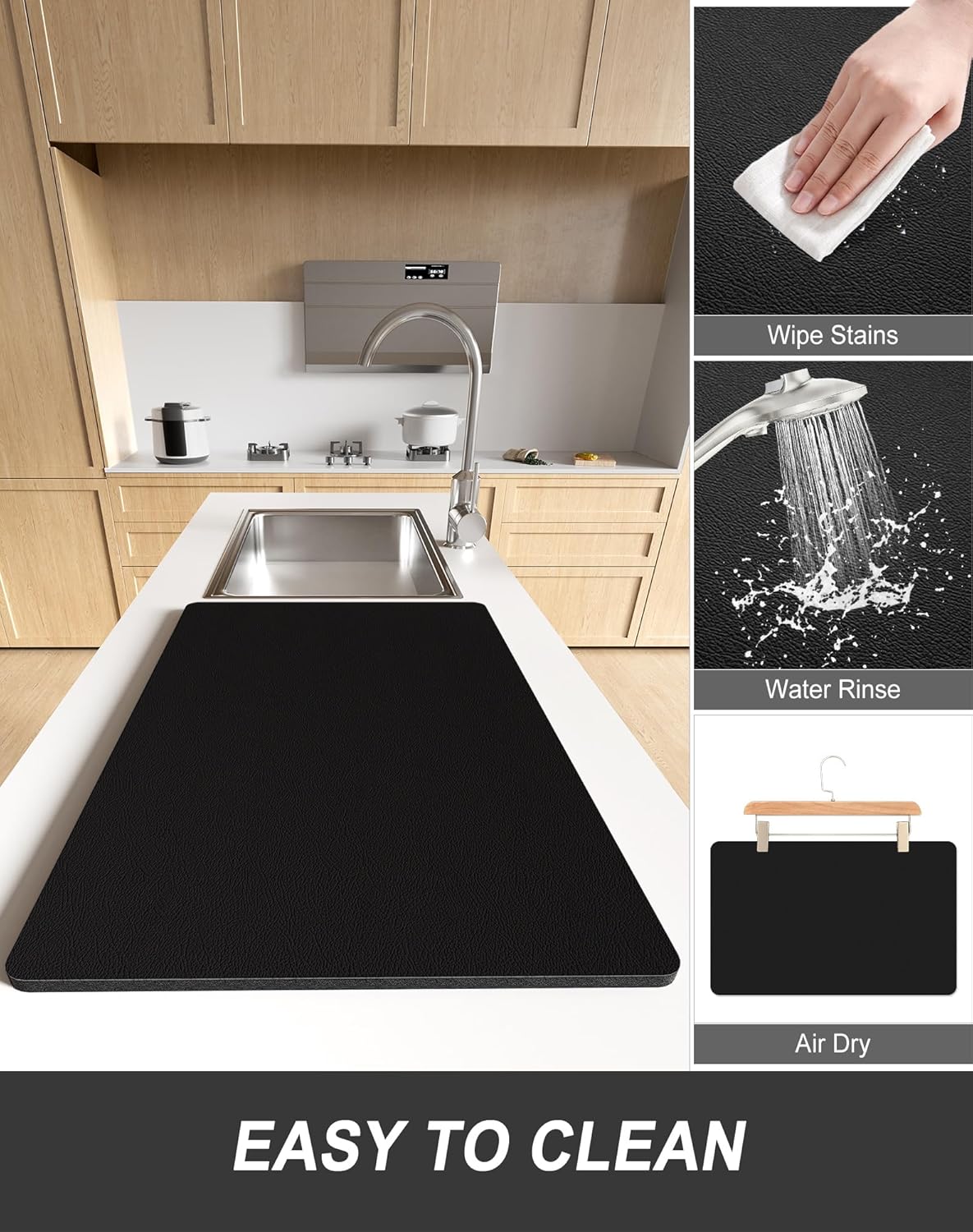 Rnivvi Dish Drying Mat for Kitchen Counter, 12 x 19" Super Absorbent Drainer Pad Easy Clean Dish Rack Pad, Non-Slip Heat Resistant Coffee Bar Mats for Coffee Machine Station Accessories Decor, Black