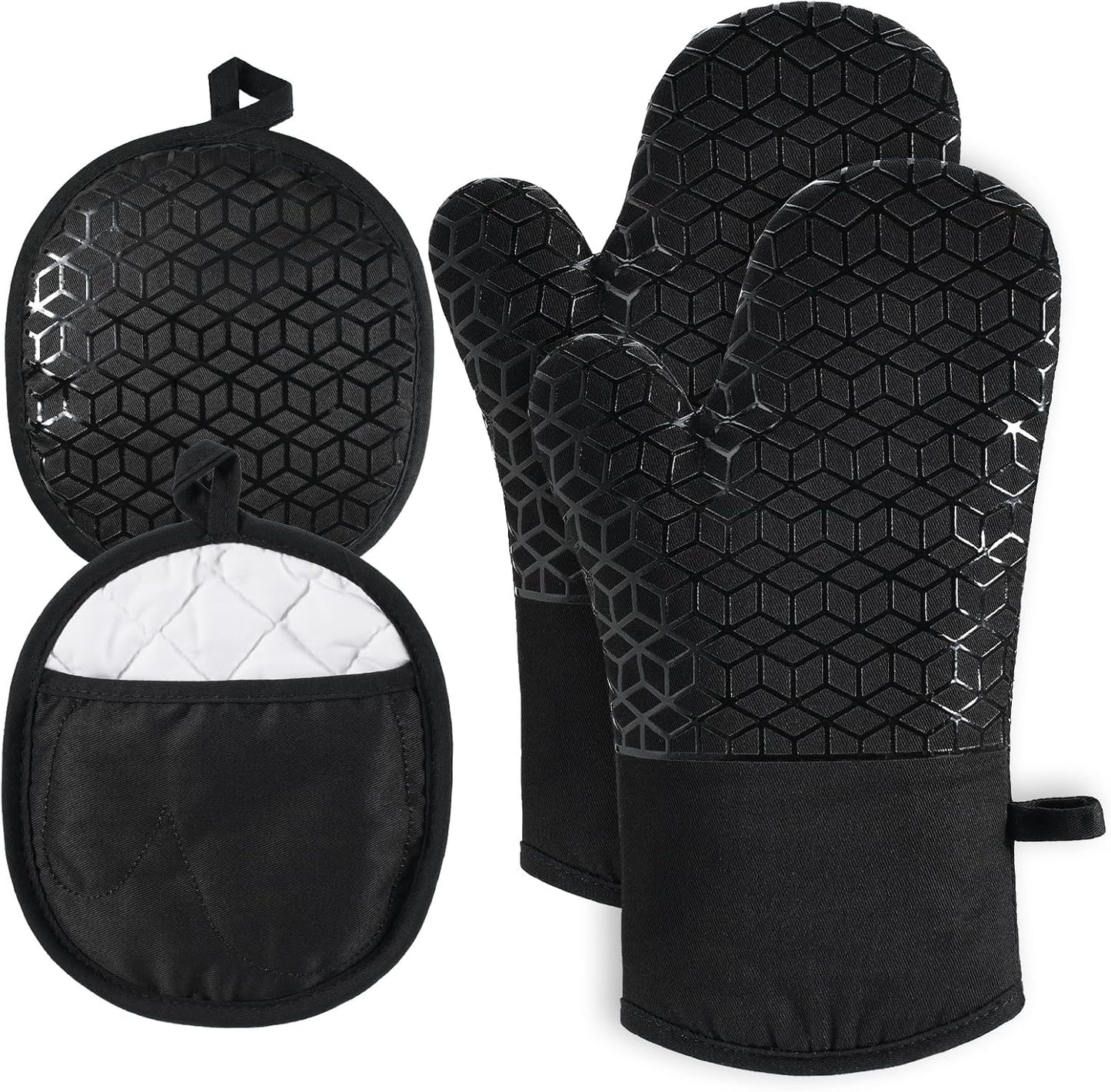 Oven Mitts and Pot Holders,500 ℉ Heat Resistant Oven Mitts Sets,Silicone Oven Gloves, Non-Slip Silicone Textured Grip,Black
