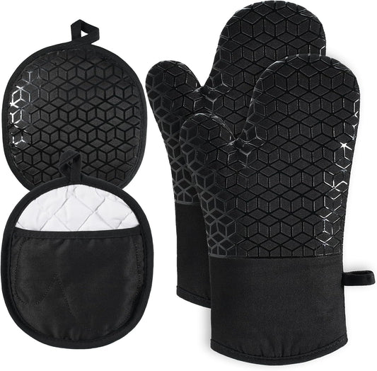 Oven Mitts and Pot Holders,500 ℉ Heat Resistant Oven Mitts Sets,Silicone Oven Gloves, Non-Slip Silicone Textured Grip,Black