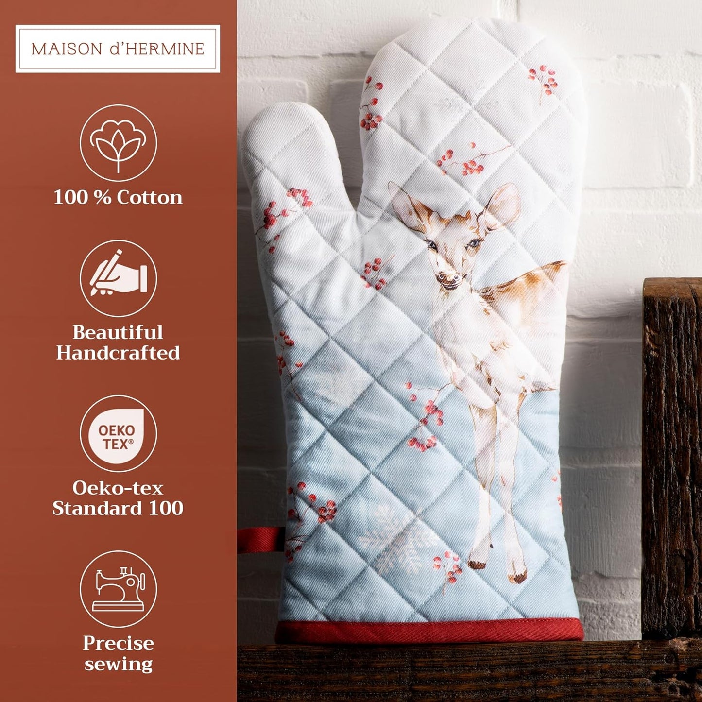 Maison d' Hermine Oven Gloves 100% Cotton Oven Mitt 7" x 13" with Loop Heat Resistant, BBQ, Cooking Gloves, Baking, Grilling, Kitchen, Handling Hot Pans (Pack of 1, Fairytale Forest)