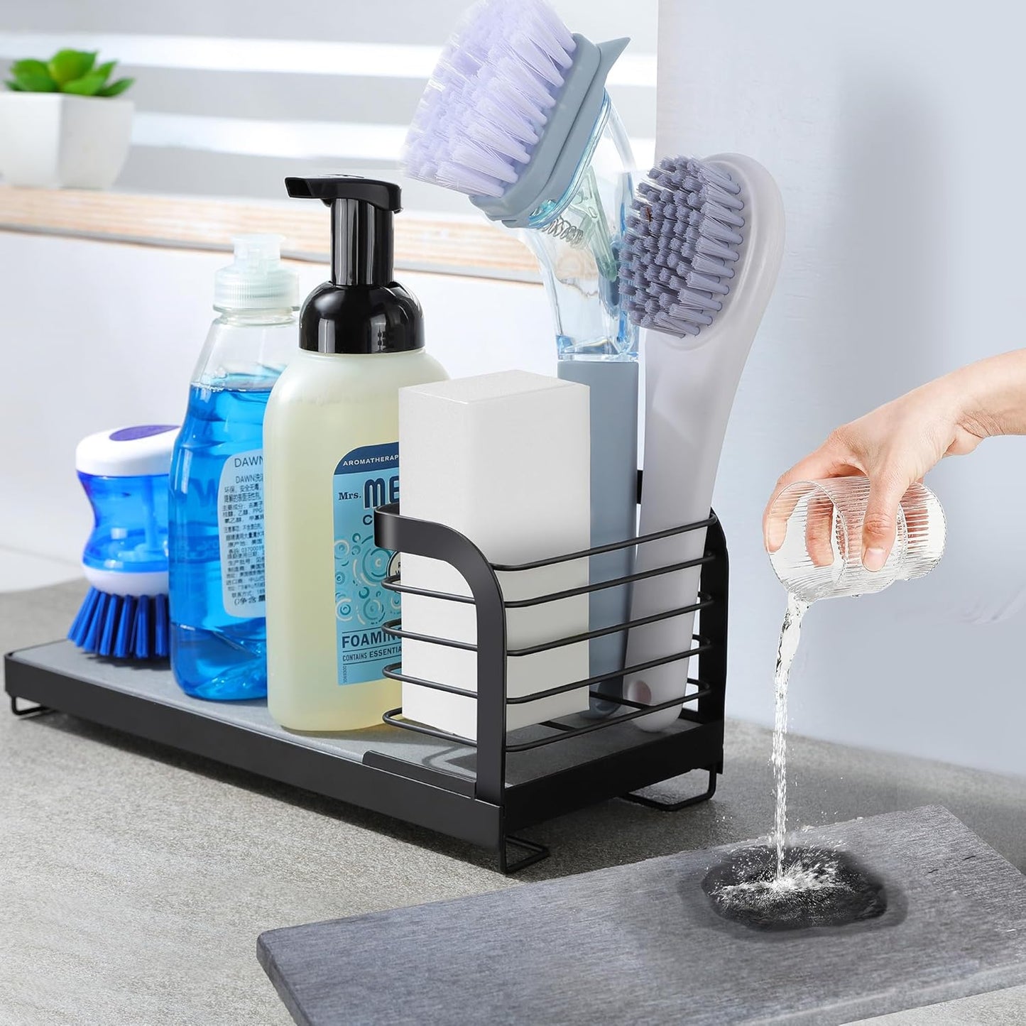 Wipe-Free Sink Organizer with Drying Stone, Instant Dry Sink Caddy Organizers, Kitchen Sponge Soap Holder Dispenser, Countertop Fast Drying Counter Tray Rack