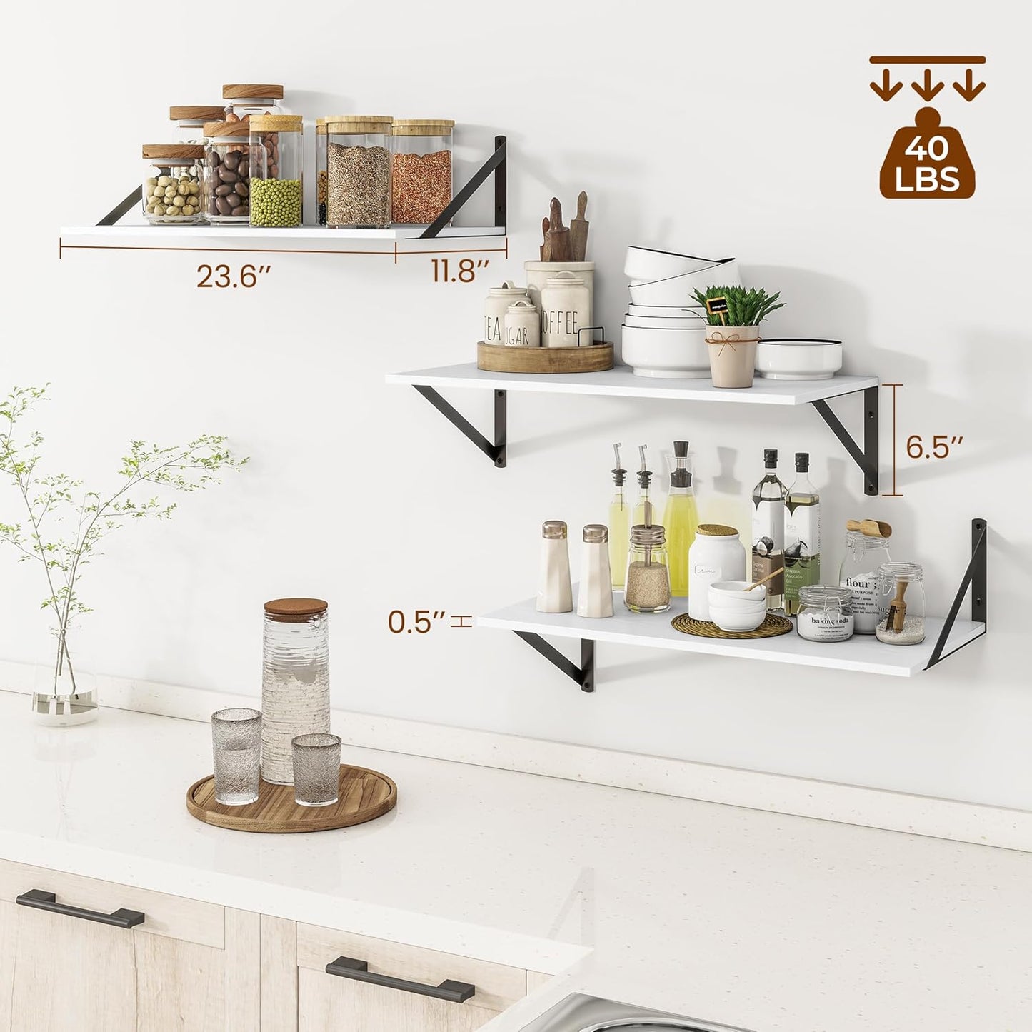 Heimlove 24" W x 12" D Wall Shelves for Books, 12 Inch Deep Floating Shelves Set of 3, Wide Floating Bookshelf with Metal Bracket for Living Room, Kitchen, Office, Bedroom and Decor Storage - White