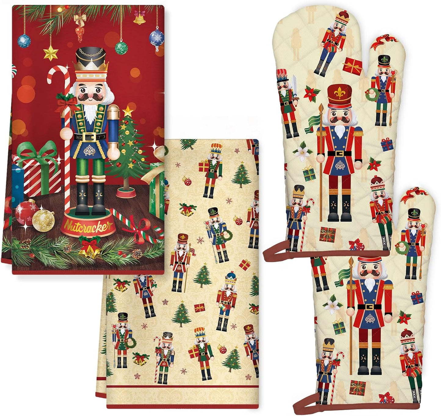 Christmas Nutcracker Kitchen Towels and Oven Mitts Set 4Pcs, Soft Absorbent Dish Cloth Heat Resistant Oven Gloves for Cooking Baking Kitchen Decoration, Gifts for Her