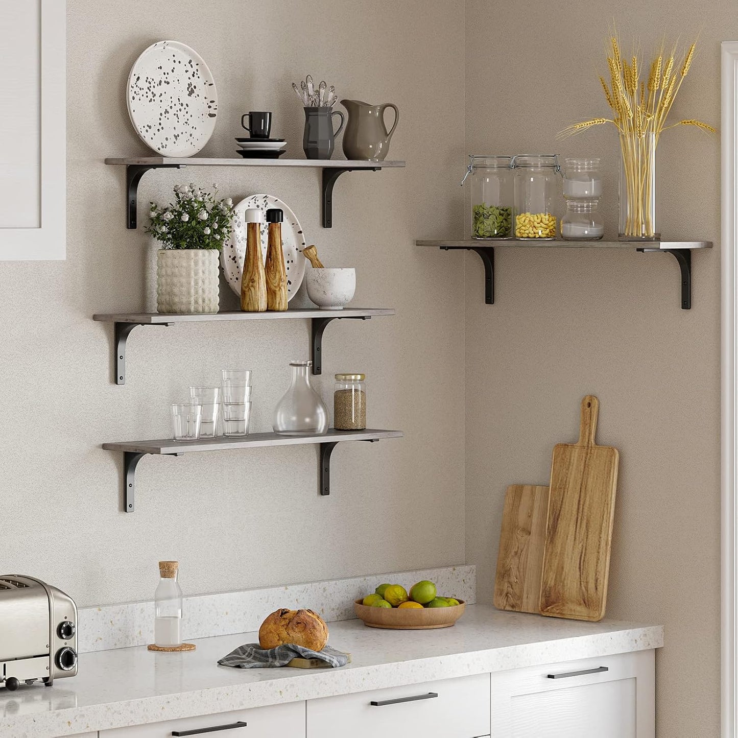 DINZI LVJ Long Wall Shelves, 23.6 Inch Wall Mounted Shelves Set of 2, Easy-to-Install, Wall Storage Ledges with Sturdy Metal Brackets for Living Room, Bathroom, Bedroom, Kitchen, Gray Wash