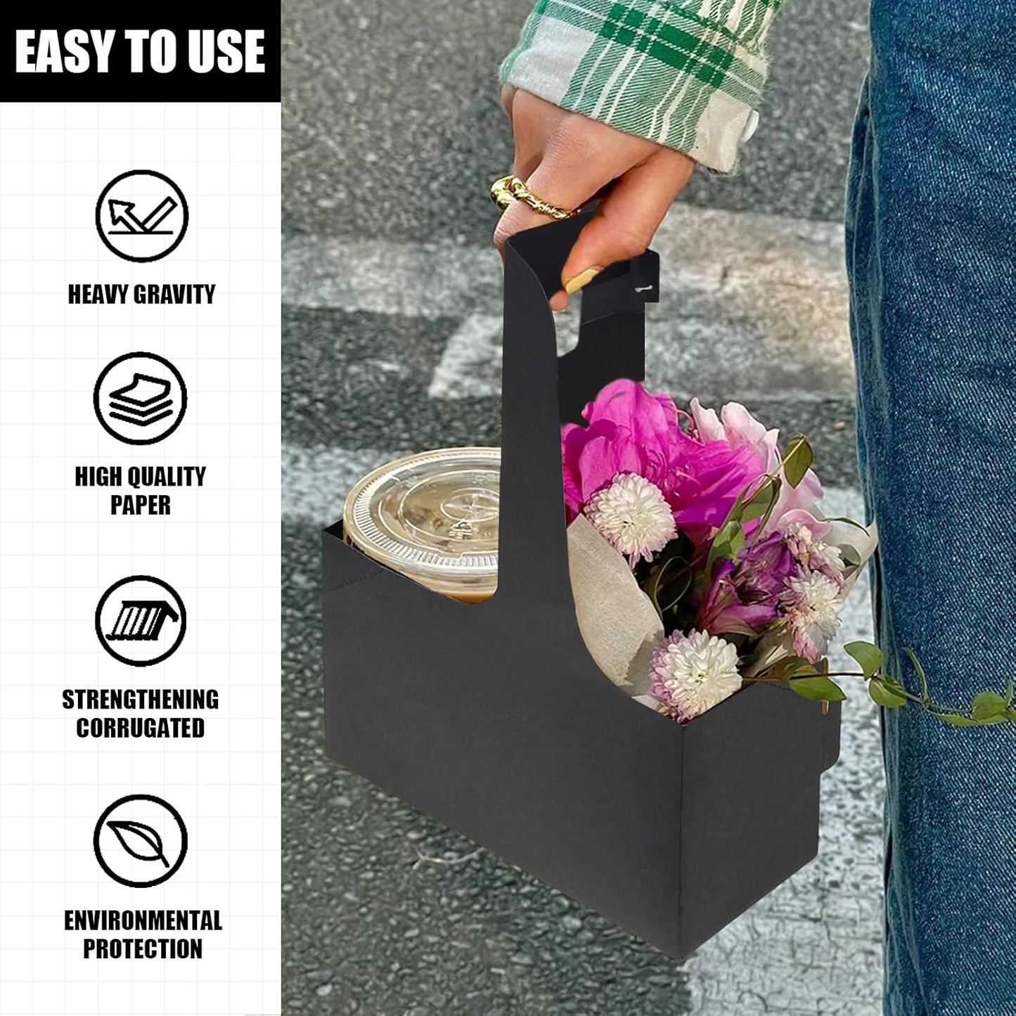 2 Cup Disposable Drink Carrier for Delivery with Handle,15 Count Black Paperboard Cup Holder,Cup Carriers for Hot or Cold Drinks,Coffee Carrier, Food Delivery,Take Out Cup Carriers (Black, 15 PCs)