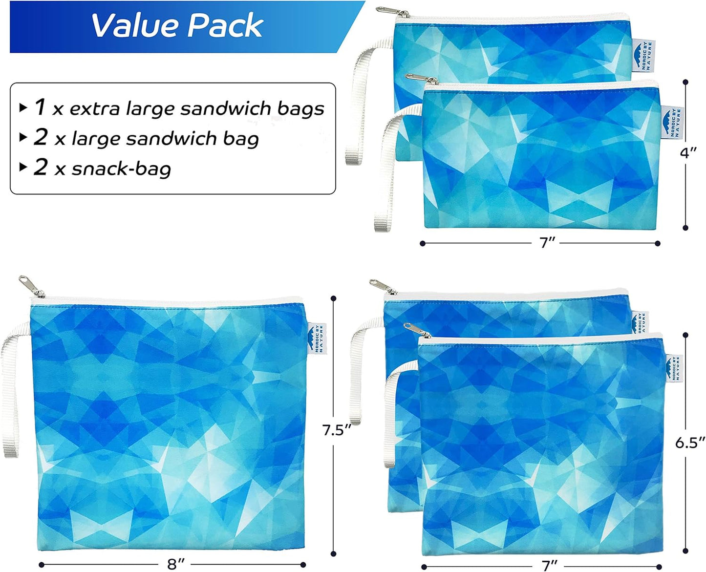 Nordic By Nature Reusable Sandwich Bag Snack Bags - Value Pack of 5 Dual Layer Lunch Baggies - Dishwasher Safe - Eco Friendly Cloth Wraps - Easy Open Zipper (Blue Ice)