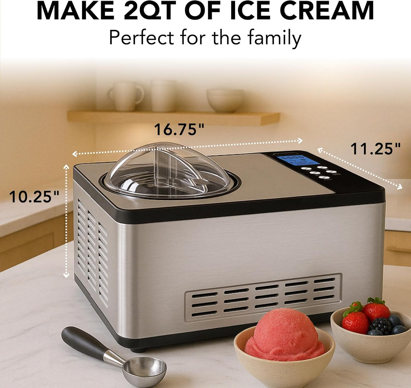 Whynter Ice Cream Maker Machine Automatic 2.1 Qt. with Built-In Compressor, LCD Digital Display & Timer, No Pre-Freezing, ICM-200LS, Stainless Steel