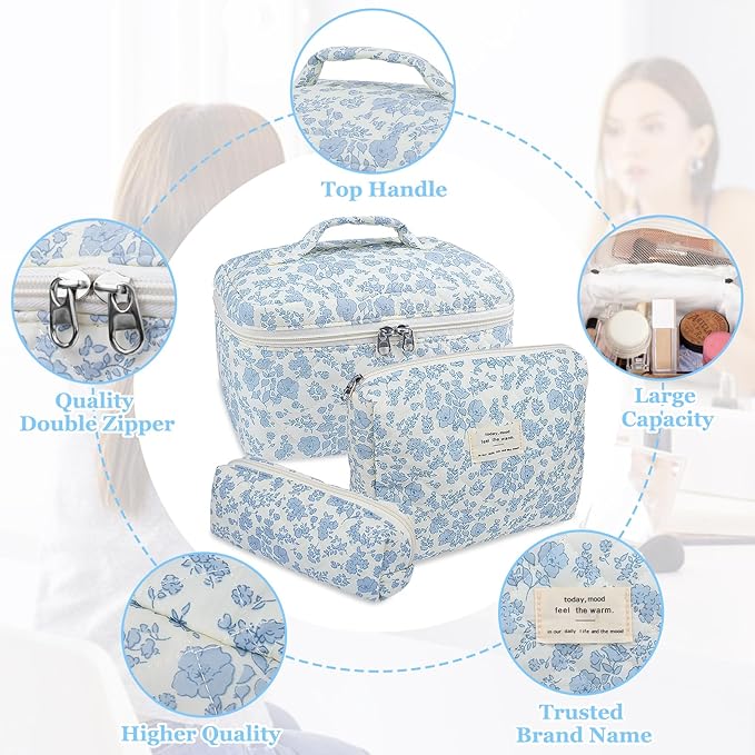Makeup Bag, Large Quilted Cosmetic Bag, Big Floral Make Up Bag for Women Girls, Cute Cotton Makeup Bag Set, Flower Travel Toiletry Organizer Bag