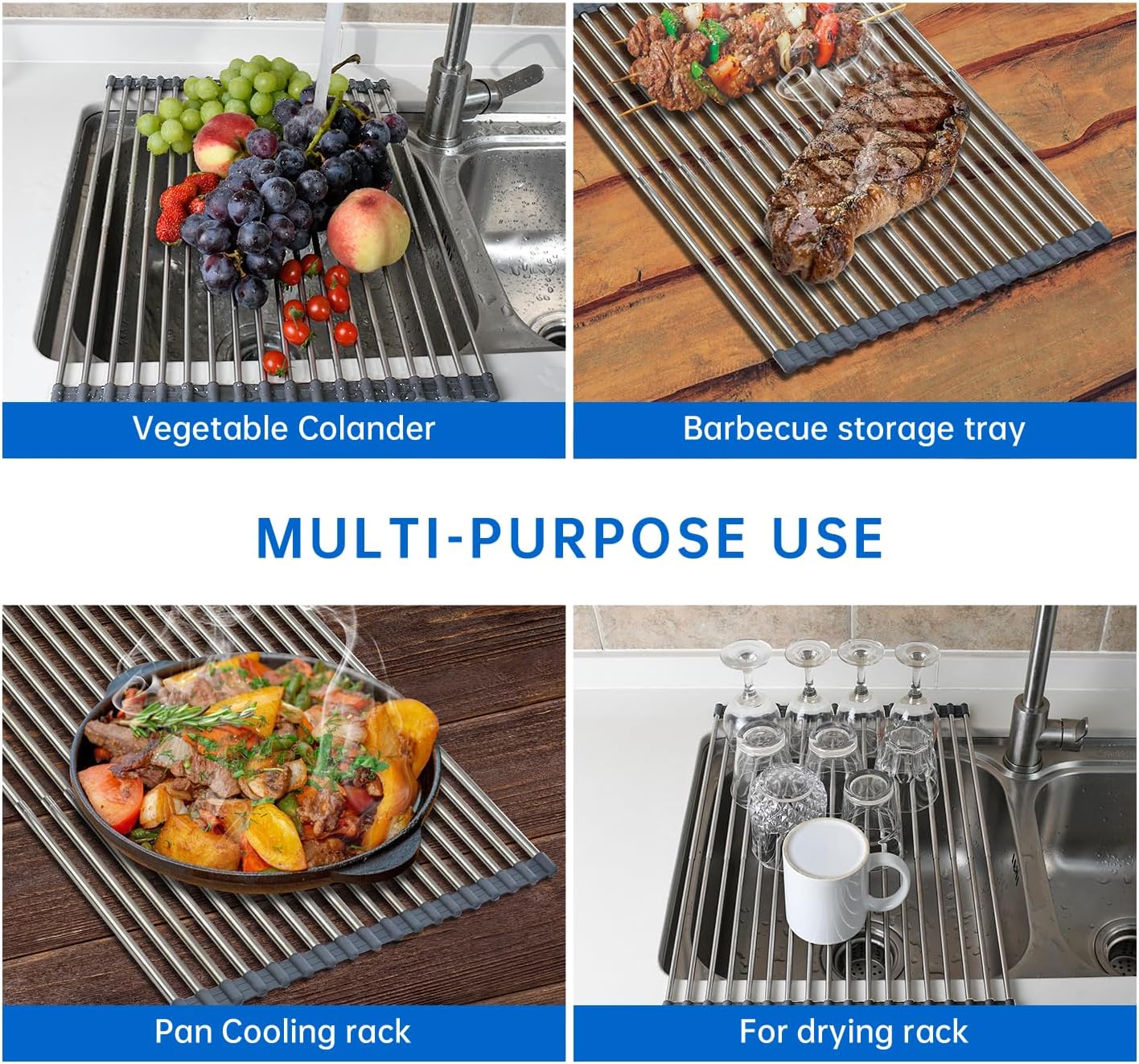 CHIRISEN Expandable Large Roll Up Dish Drying Rack, 18 Tubes 21.25x12.79'' Collapsible Over The Sink Rack, Non-Slip Silicone Rolling Dish Drainer Stainless Steel Rack for Kitchen Sink Counter (Gray)