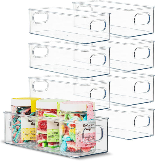 Plastic Food Storage 8 Pack Clear Container Bin with Handles for Organizing Kitchen, Pantry, Fridge, Freezer, Pantry,Bathroom. Stackable 10"x4"3"