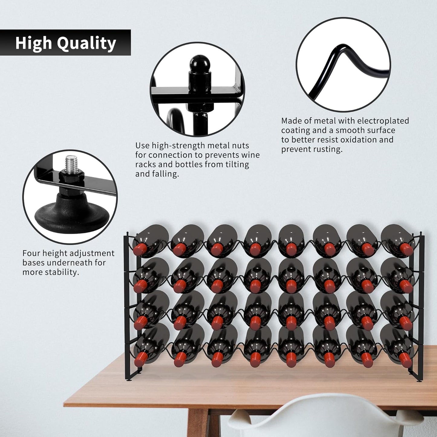 TONLEA 4 Tier Wine Rack, 32 Bottle Storage, Stackable Wine Rack for Cabinet Pantry (Dark Black)