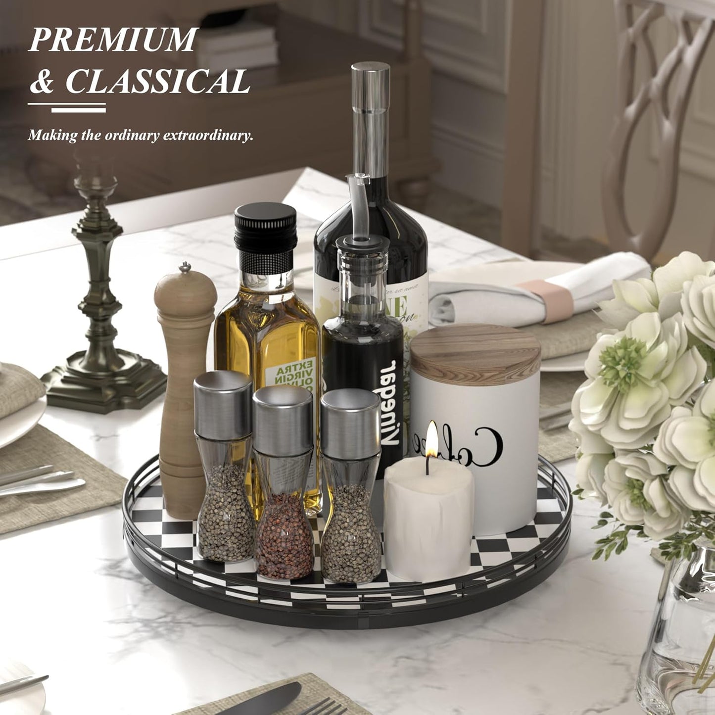 Black and White Kitchen Lazy Susan Turntable – Checkered Round Decorative Tray, 13” Table Top Oak Wood Lazy Susan for Cookies, Dining Table Organizer, Small Kitchen Table Centerpiece