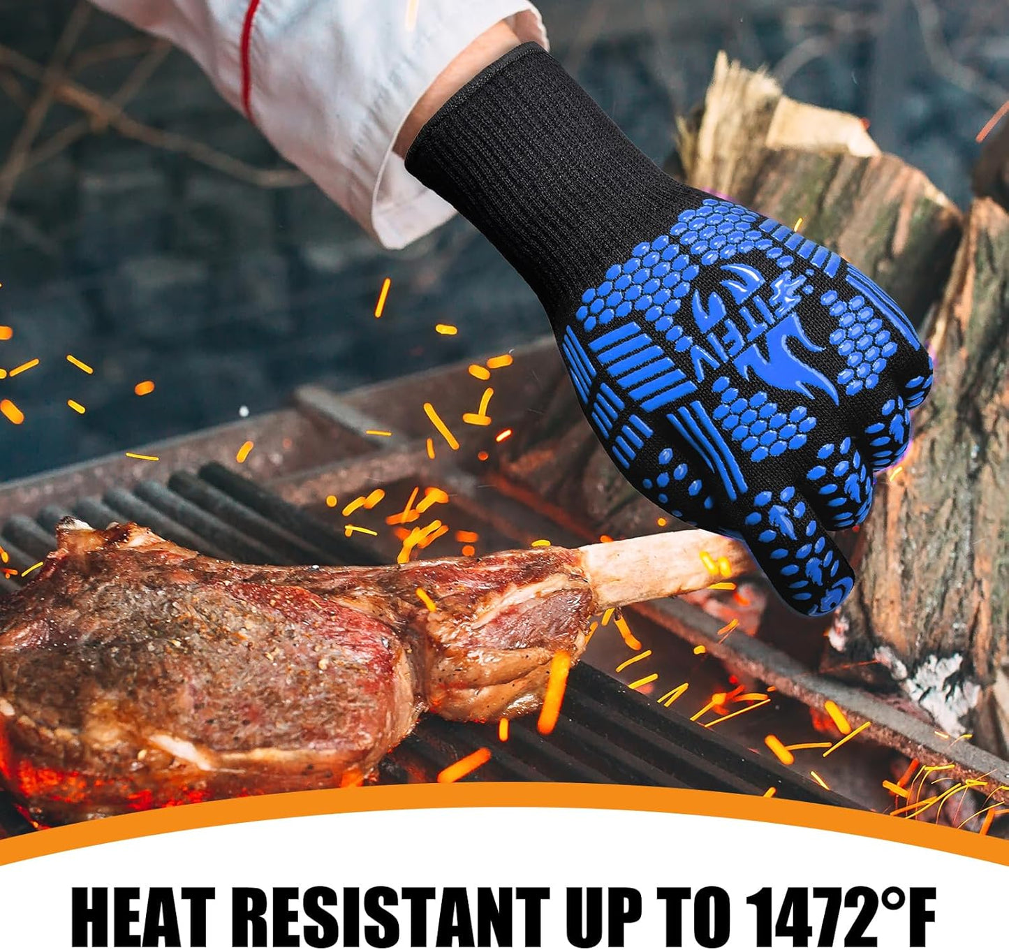 BBQ Gloves, Oven Gloves, 1472°F Extreme Heat Resistant Barbecue Gloves, Silicone Non-Slip Oven Mitts, Kitchen for Cooking, Grilling, and Baking (Blue)